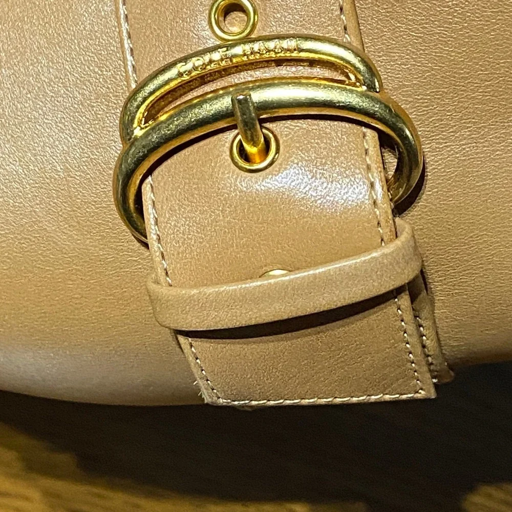 Cole Haan Crosby Slide Leather Sandal Women 10.5B‎ Tan Block Heel Gold Buckle
